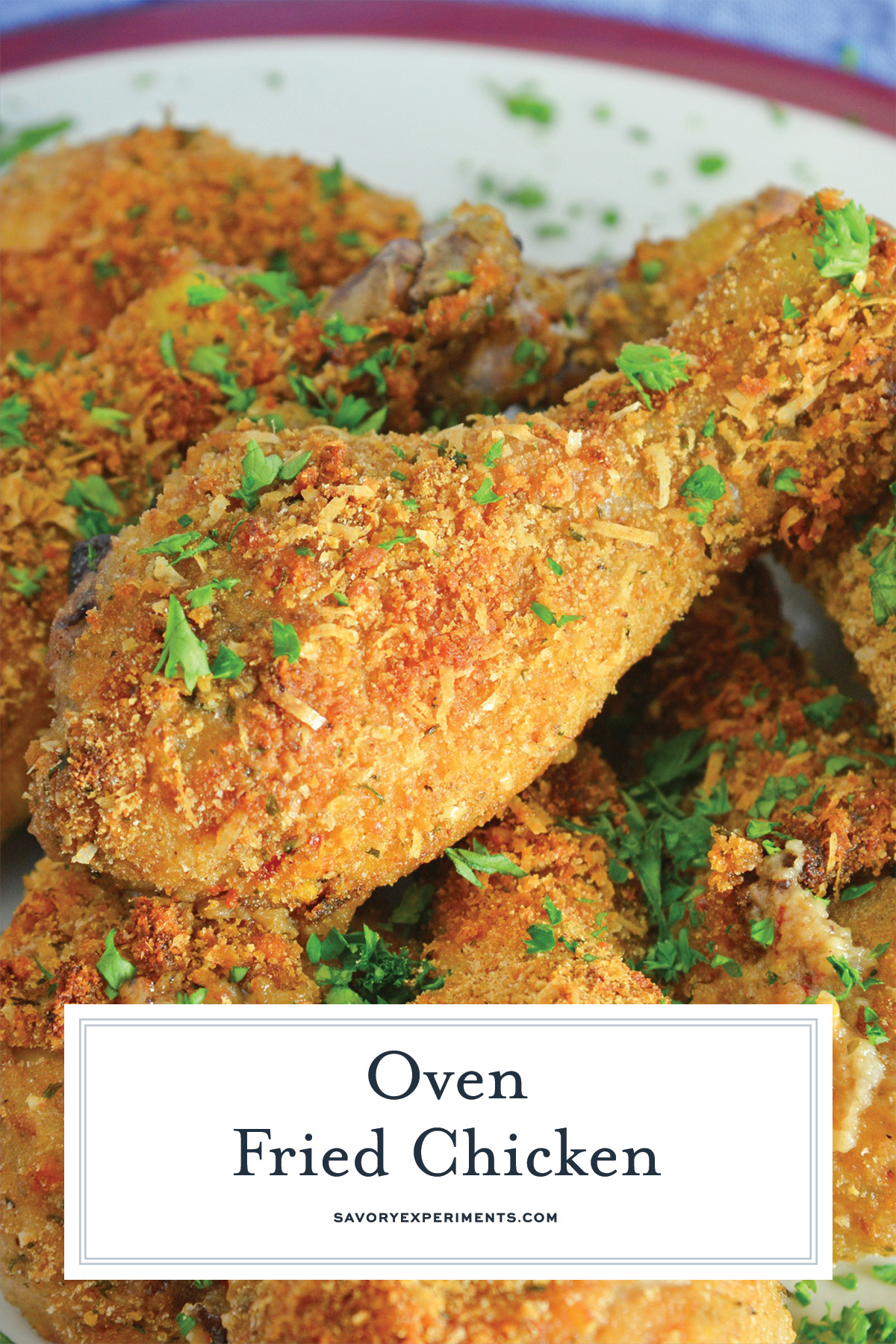 close up of oven fried chicken drumstick with text overlay