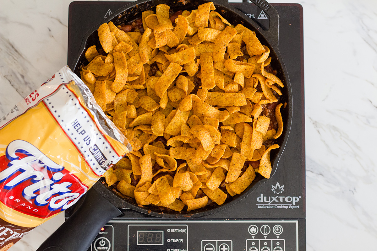 fritos poured into skillet