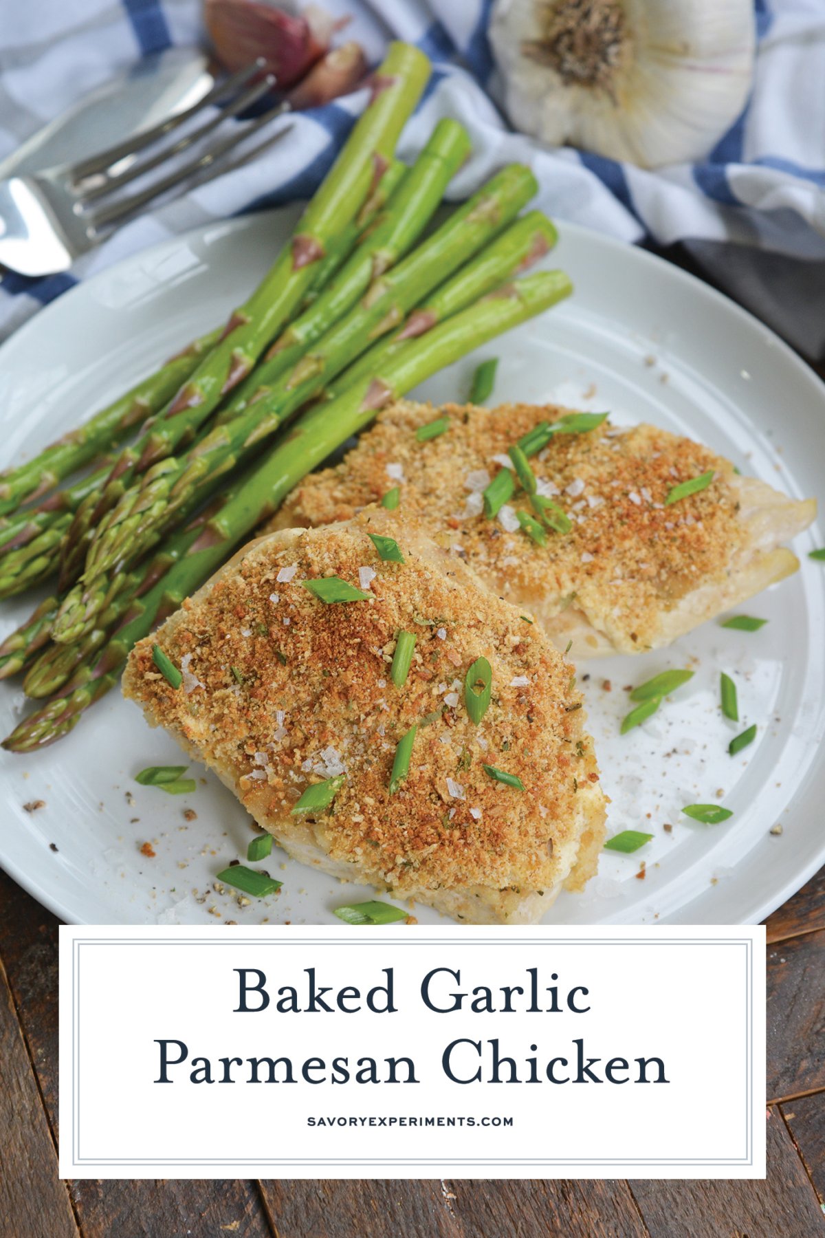 Parmesan crusted chicken with text overlay for Pinterest