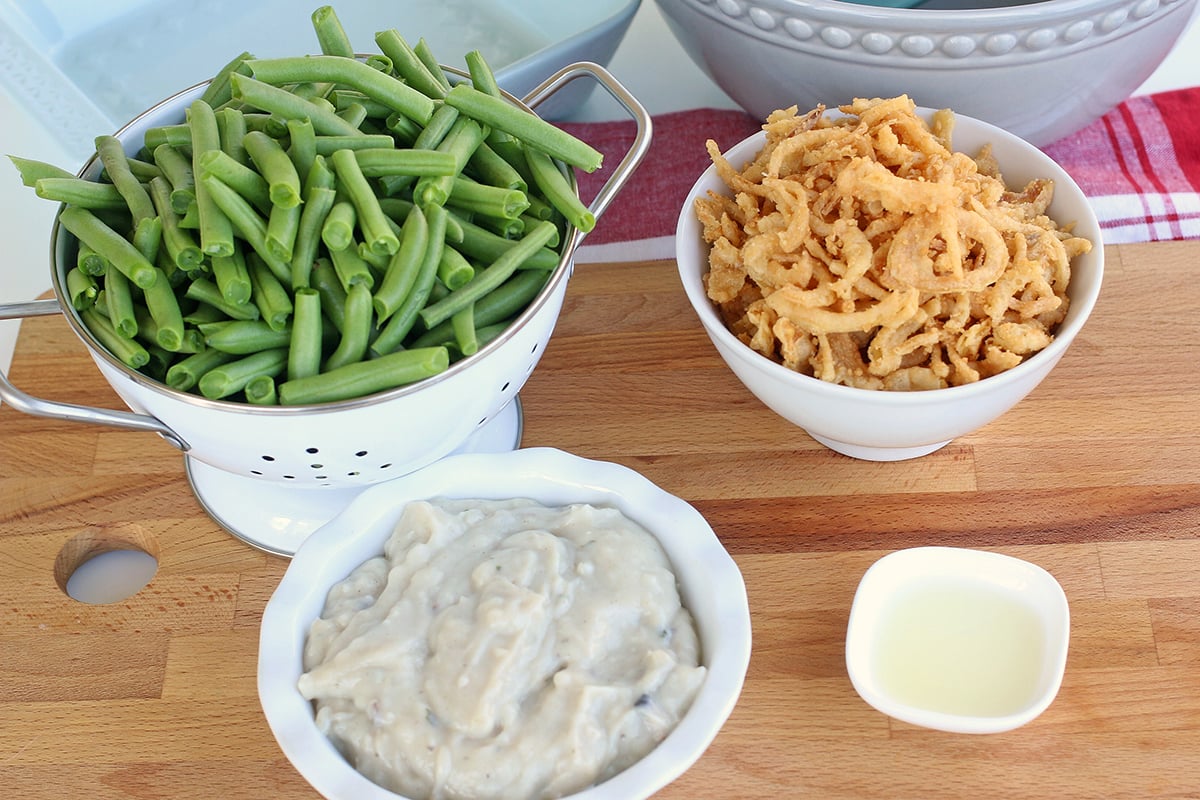 angled shot of green bean casserole ingredients