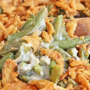 A close up of green bean casserole