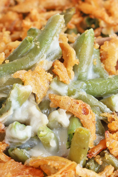 A close up of green bean casserole