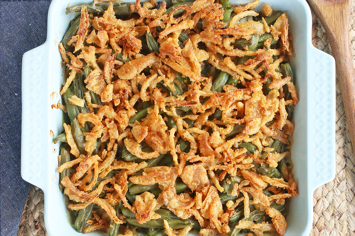 overhead shot of green bean casserole