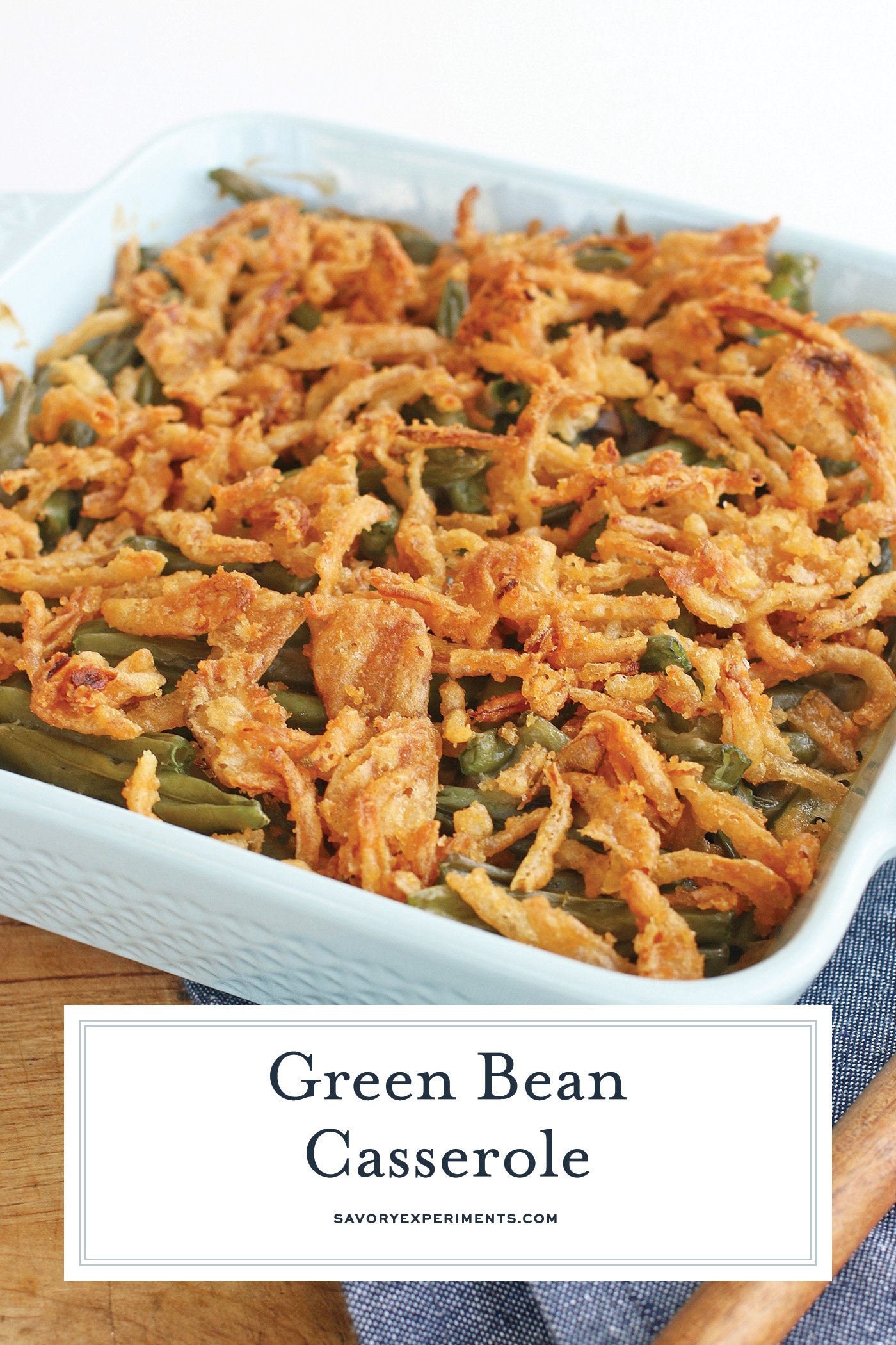 angled shot of green bean casserole with text overlay