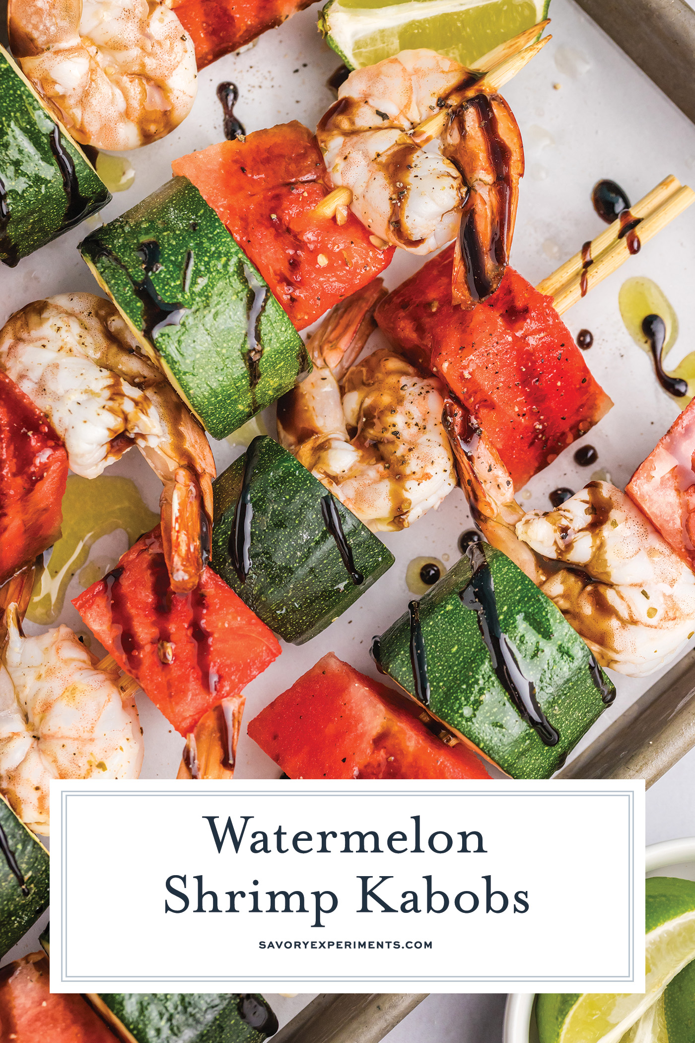 overhead shot of watermelon shrimp kabobs on sheet pan with text overlay