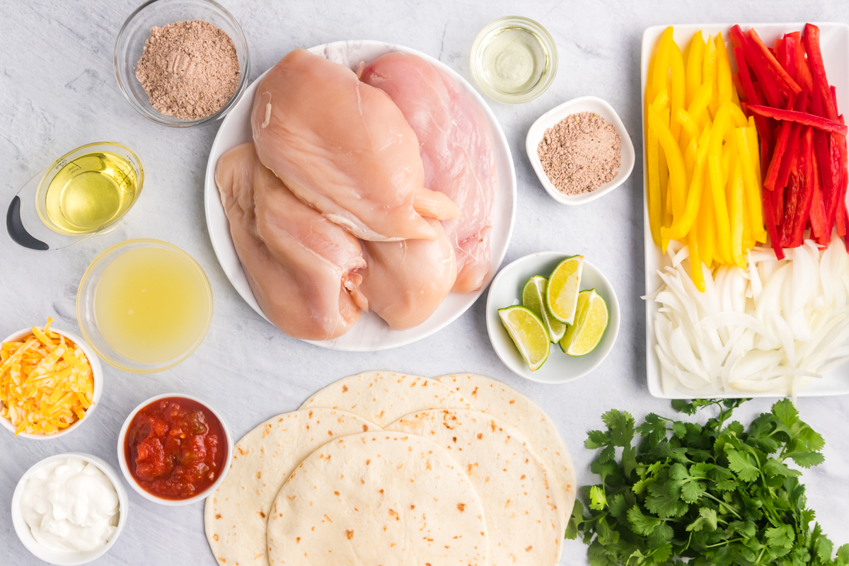 overhead shot of grilled chicken fajitas ingredients