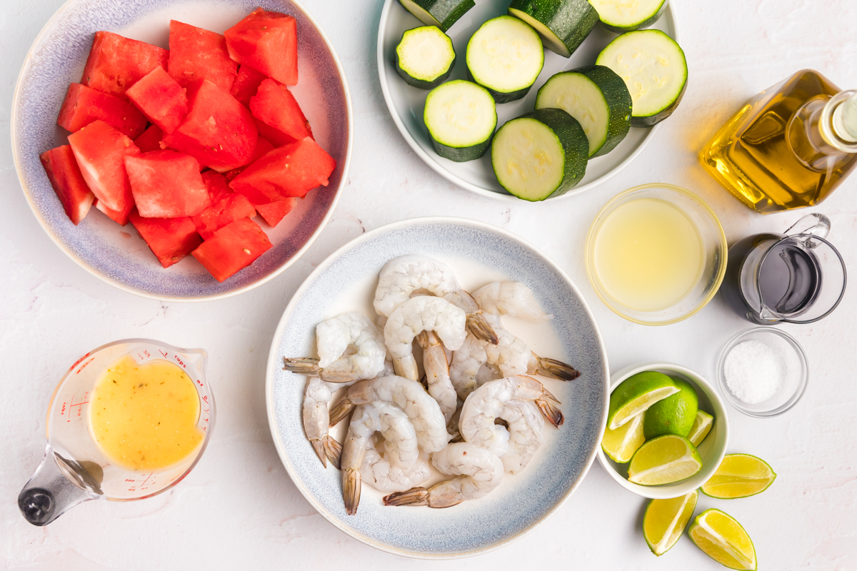 overhead shot of grilled watermelon shrimp kabob ingredients