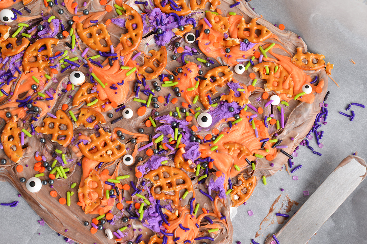 close up overhead shot of halloween bark