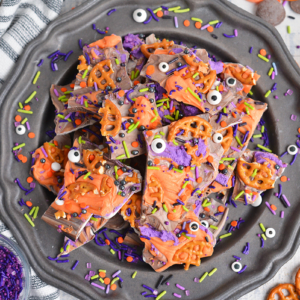 overhead shot of halloween bark on plate