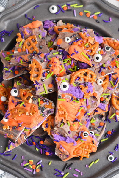 overhead shot of halloween bark on plate