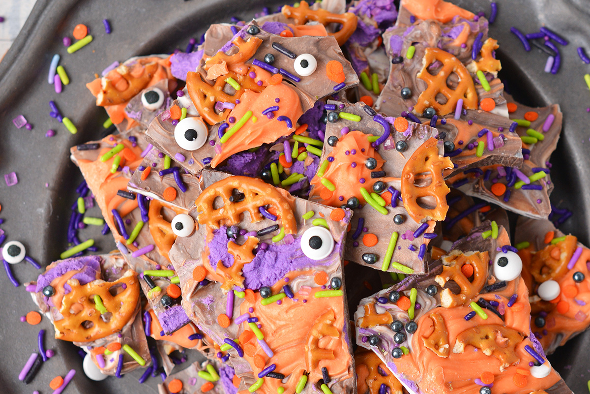 close up overhead shot of halloween bark on plate