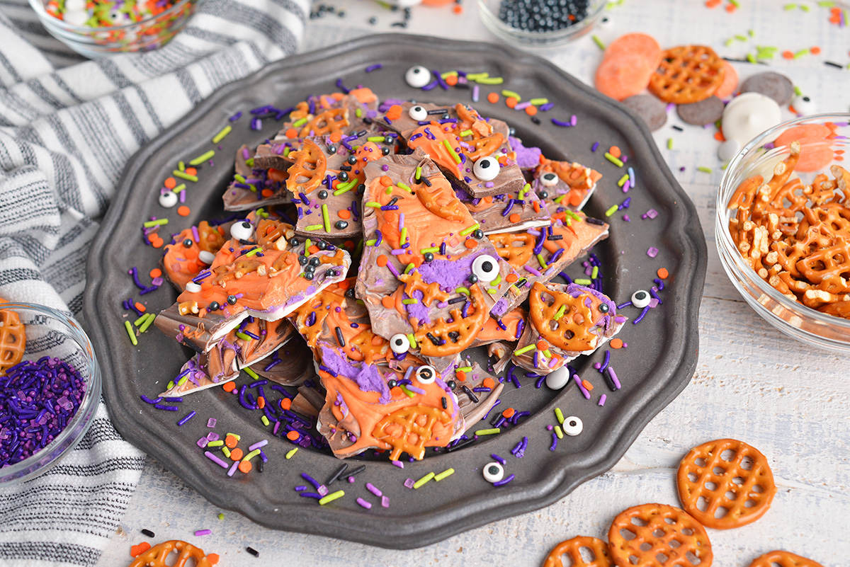 angled shot of plate of halloween bark