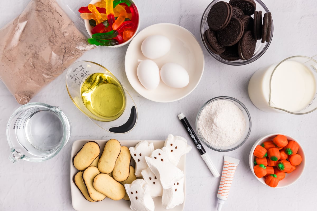 overhead shot of graveyard cake ingredients