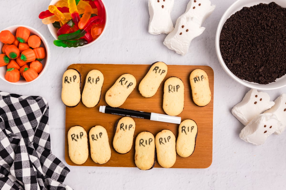 overhead shot of cookie tombstones on cutting board