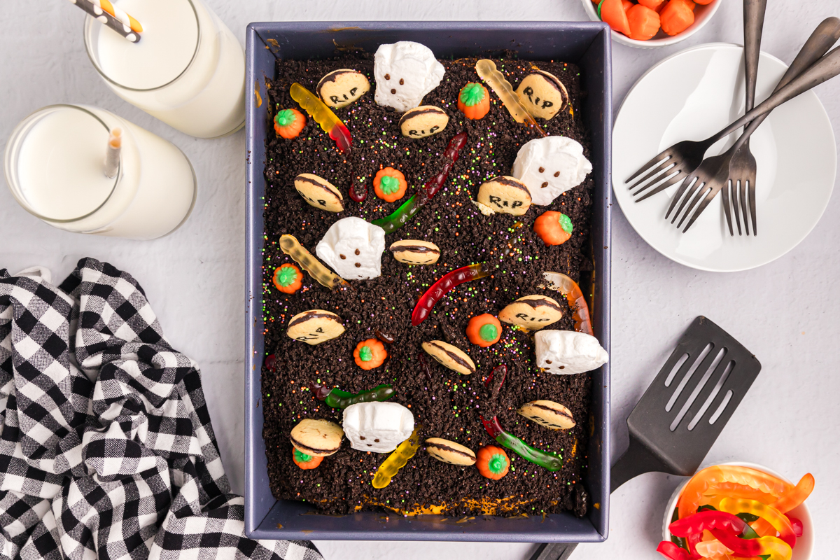 overhead shot of halloween poke cake in pan