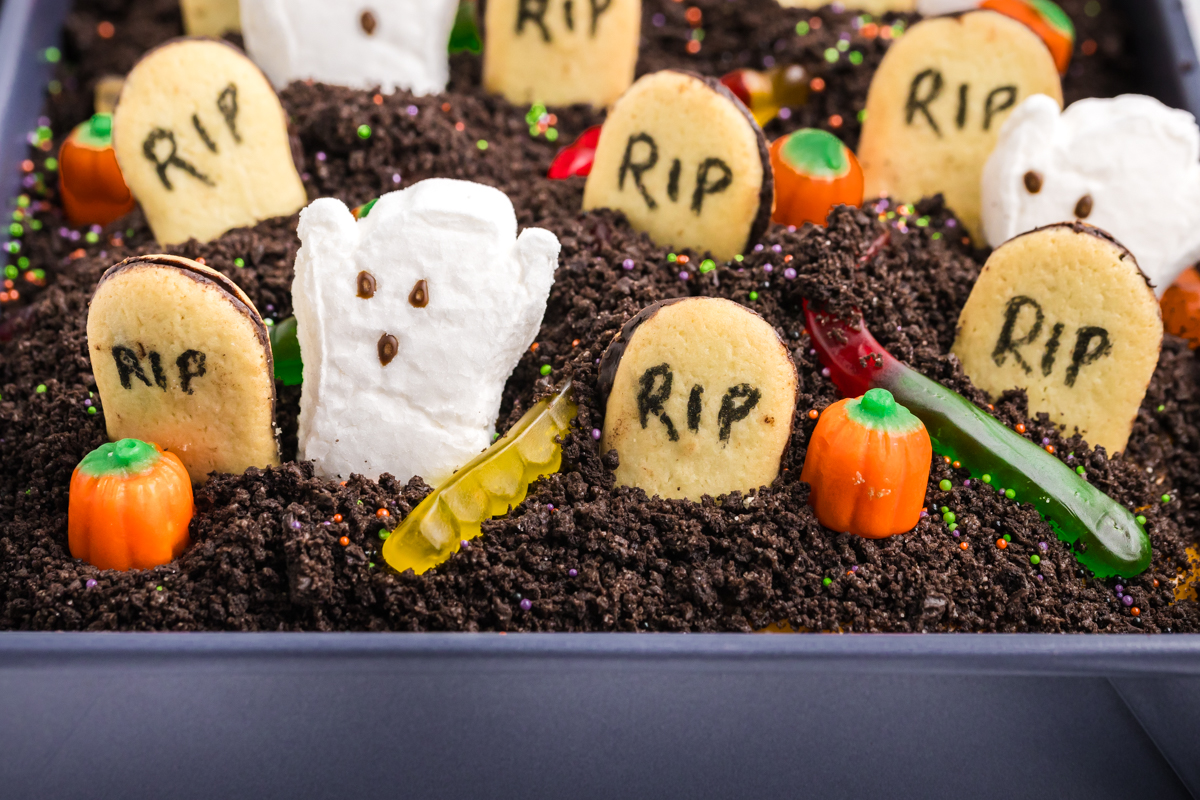 close up angled shot of graveyard cake in pan