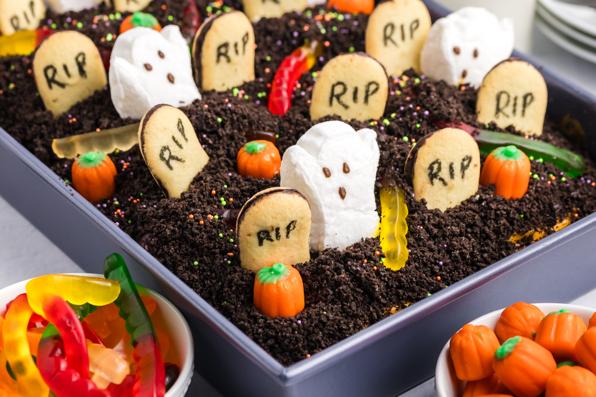 angled shot of halloween poke cake in pan