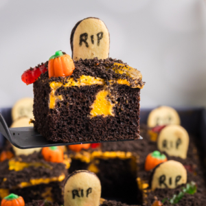 straight on shot of slice of graveyard cake on spatula