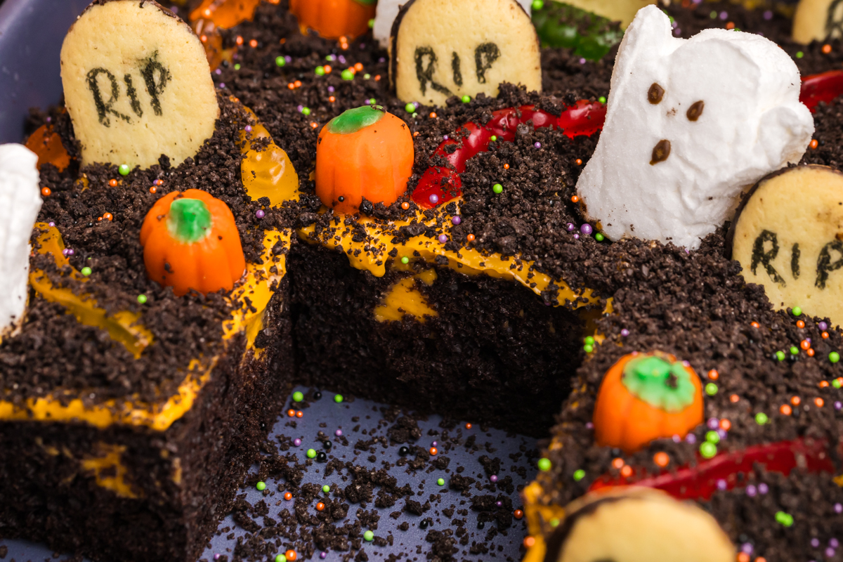 slice cut out of graveyard cake