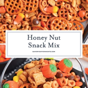 collage of halloween snack mix with text overlay for pinterest