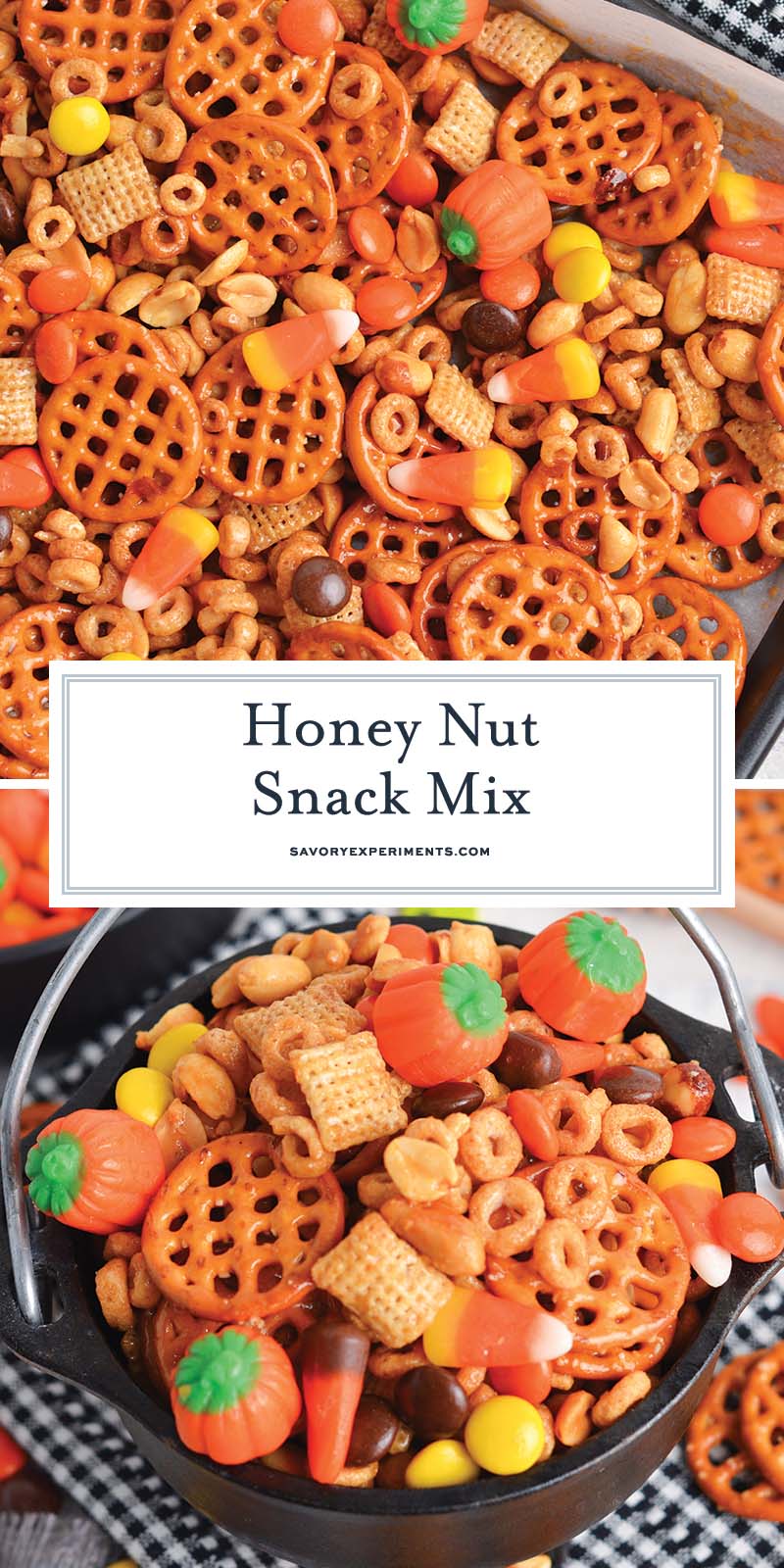 collage of halloween snack mix with text overlay for pinterest