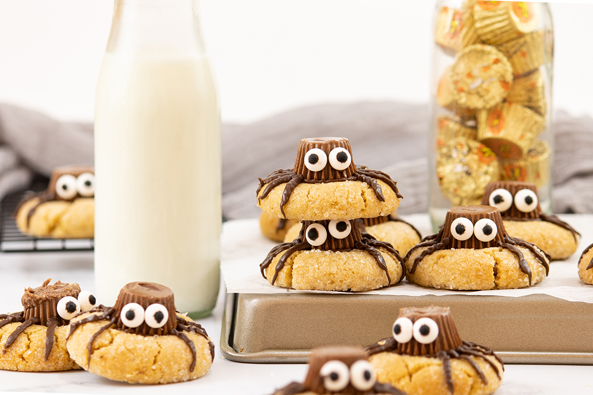 peanut butter cookies stacked on a tray