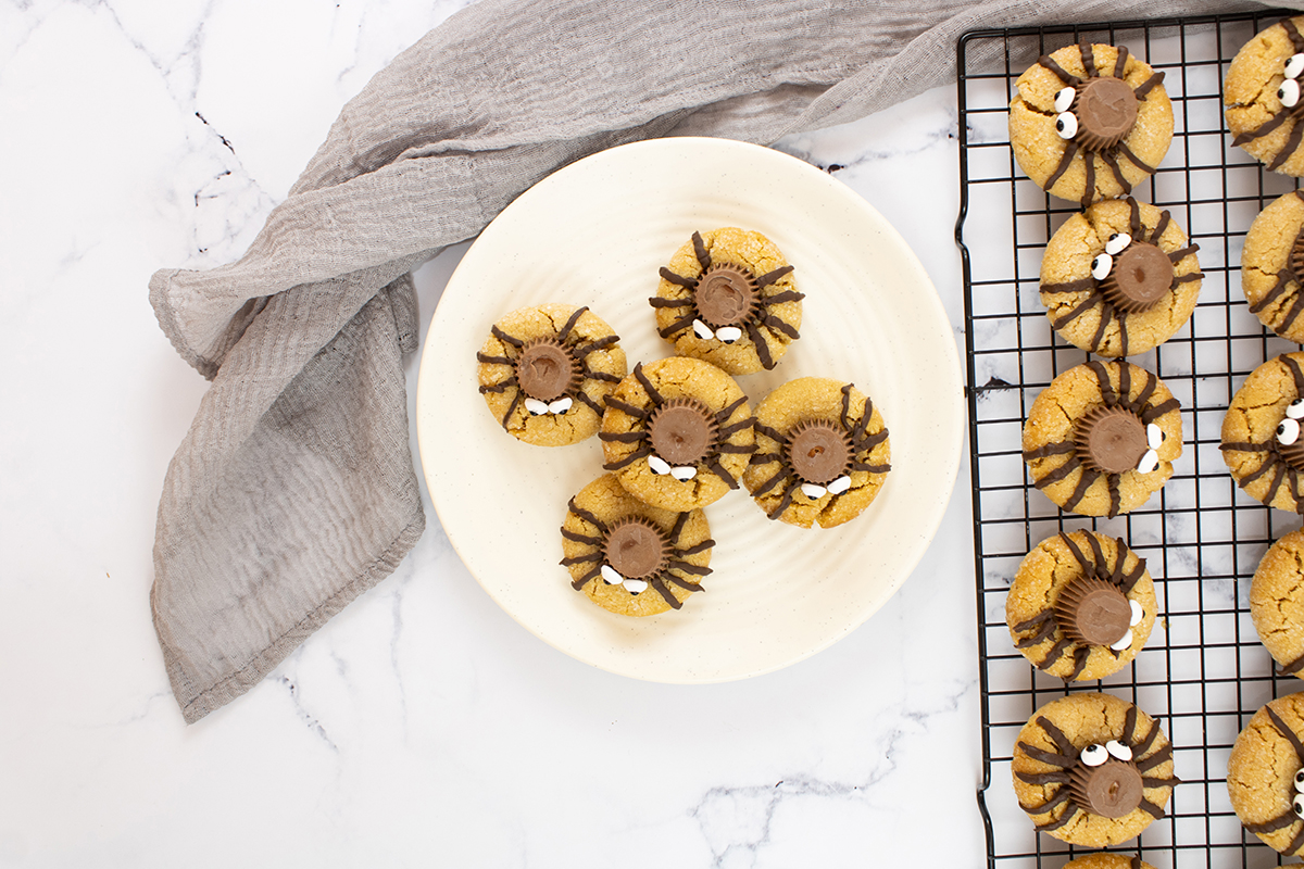 overhead shot of peanut butter spider cookies