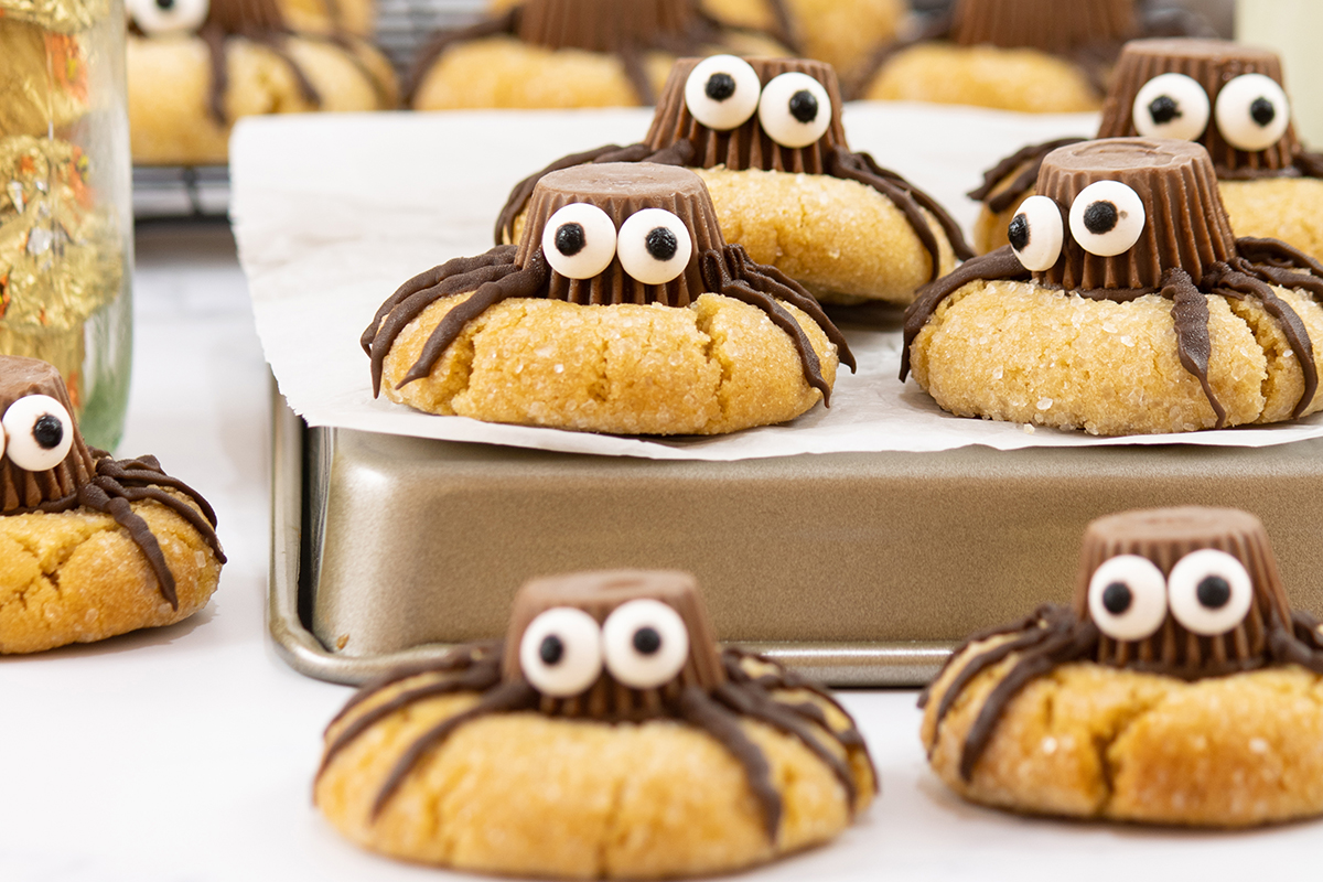 halloween spider cookies on a tray