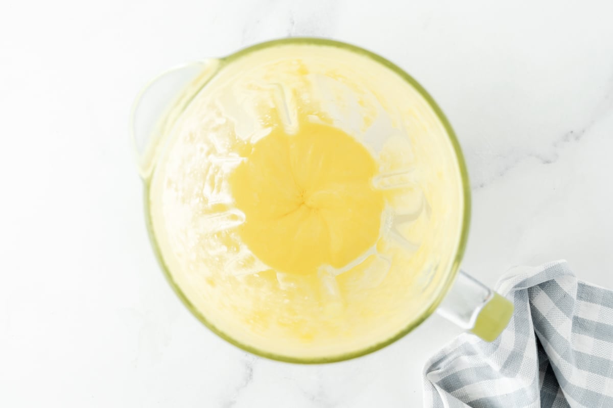 overhead shot of homemade mayonnaise in blender