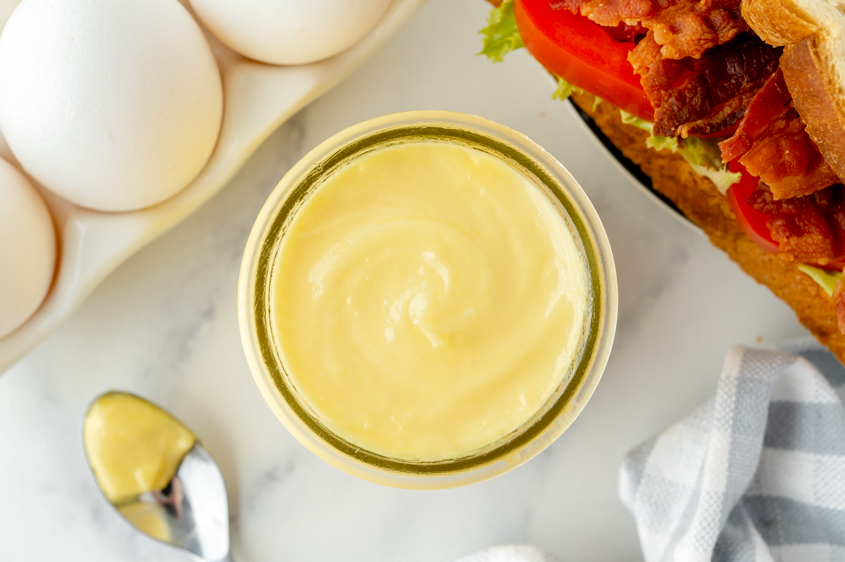 overhead shot of jar of homemade mayonnaise