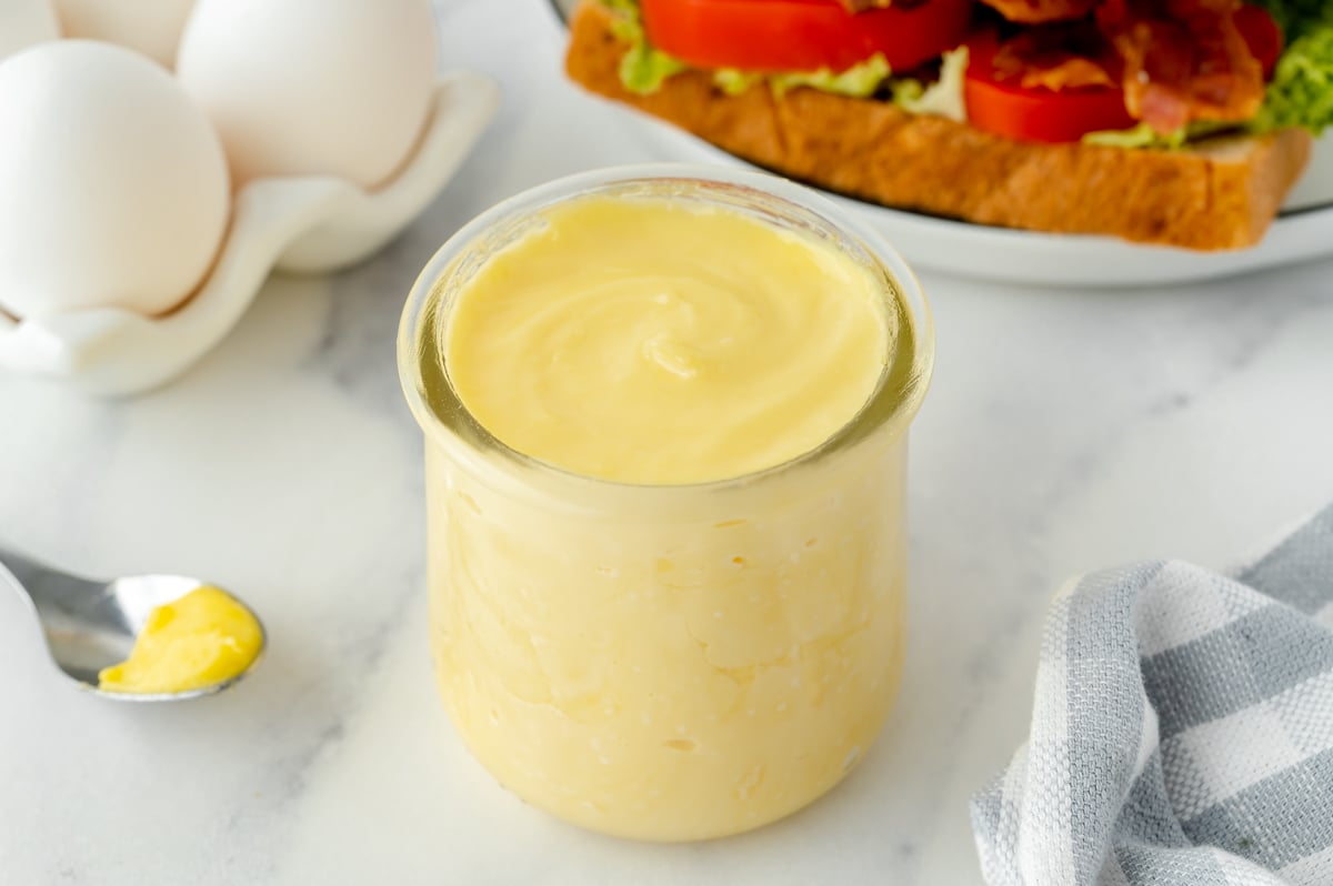 angled shot of jar of mayo