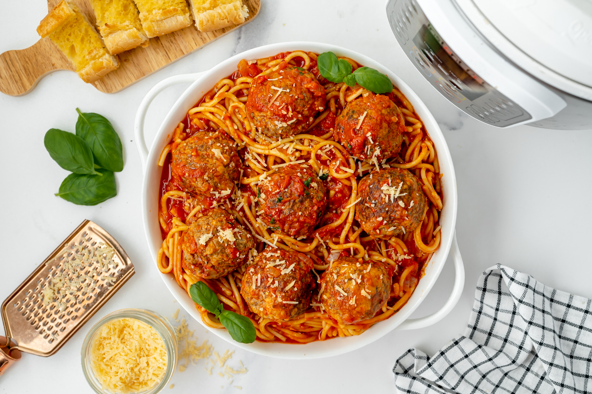 overhead shot of bowl of instant pot spaghetti and meatballs