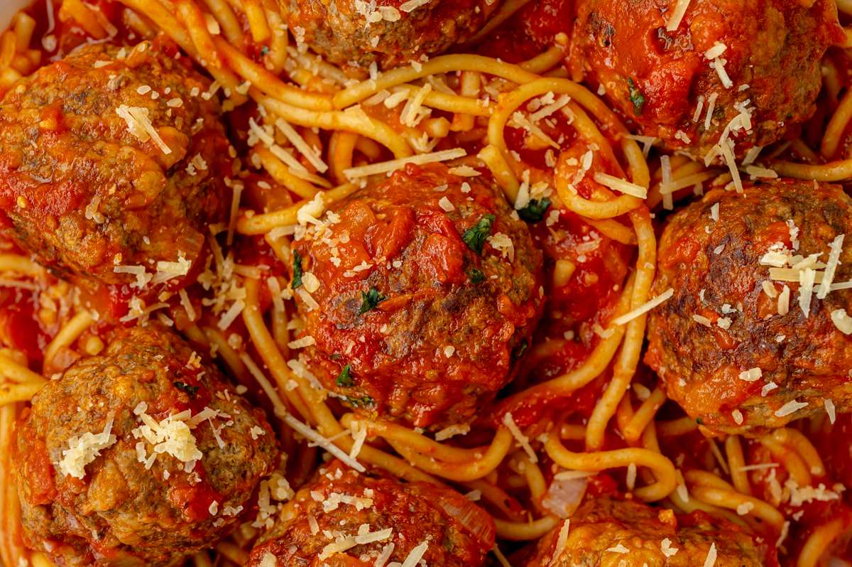 close up overhead shot of instant pot spaghetti and meatballs