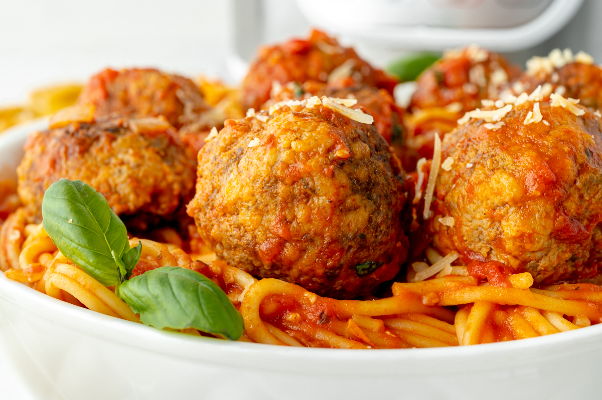 straight on shot of bowl of instant pot spaghetti and meatballs