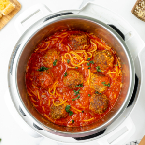 overhead shot of spaghetti and meatballs in instant pot