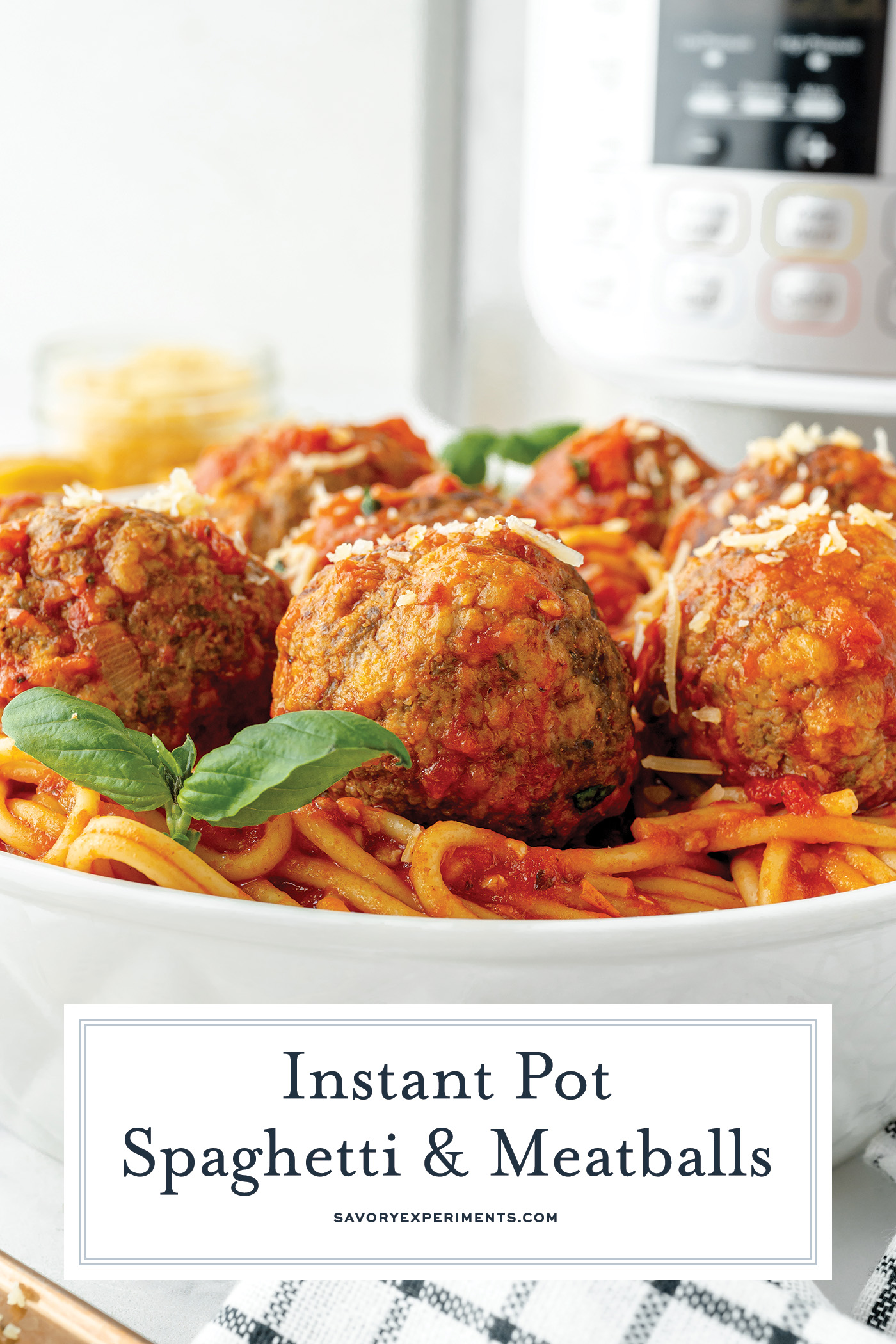 straight on shot of bowl of instant pot spaghetti and meatballs with text overlay