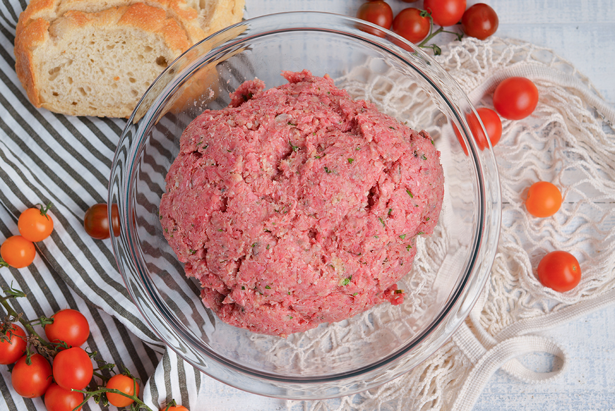 overhead shot of meatball mixture in bowl