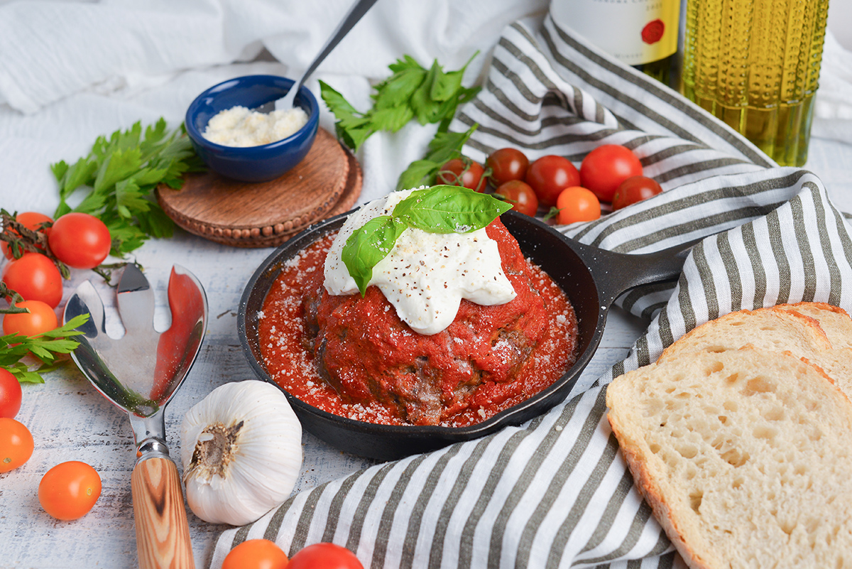 lavo one pound meatball in cast iron skillet