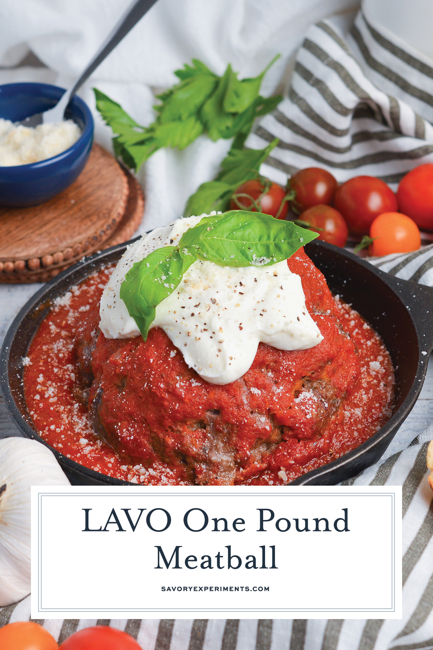 angled shot of lavo one pound meatball with text overlay