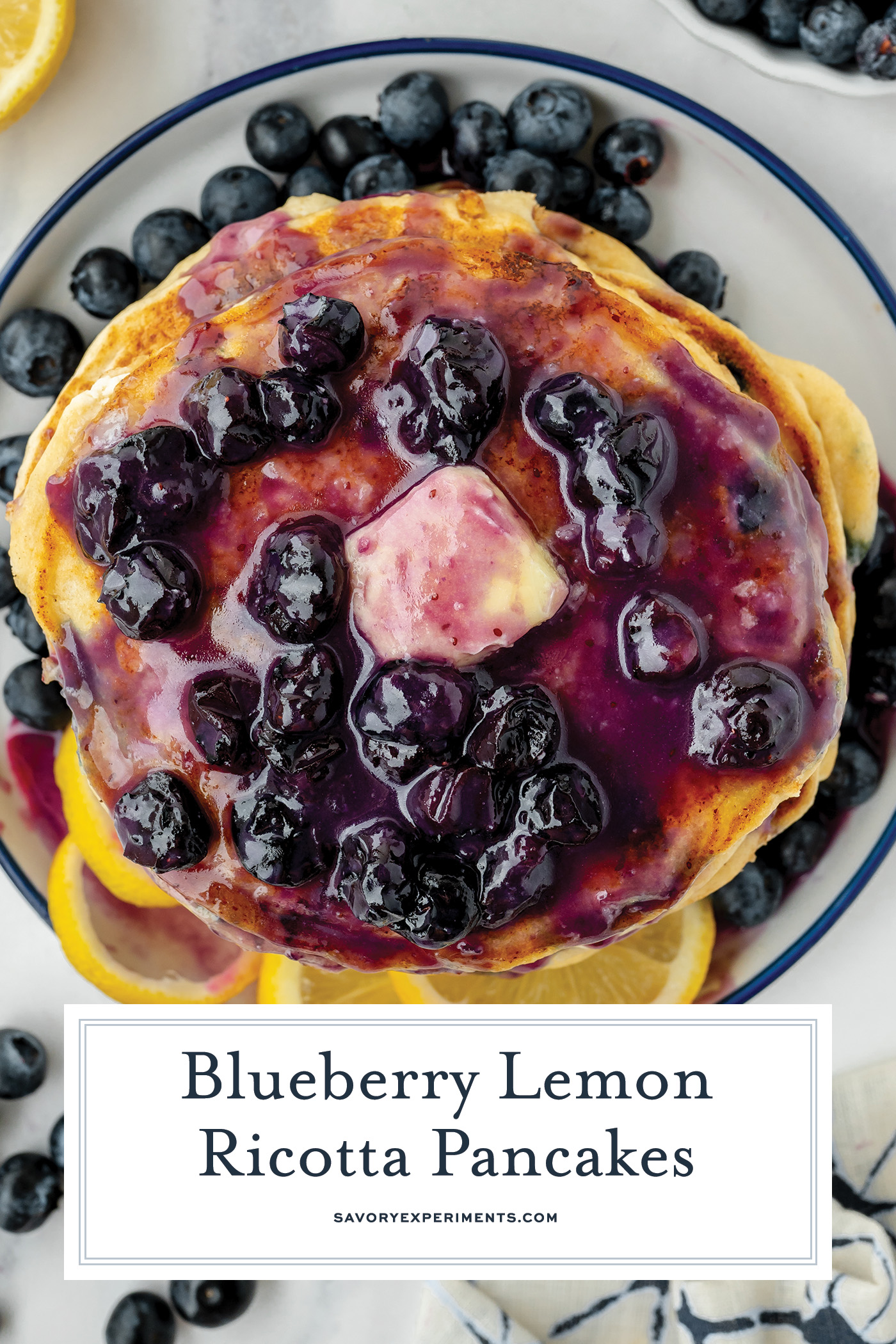 overhead shot of stack of lemon ricotta pancakes with text overlay