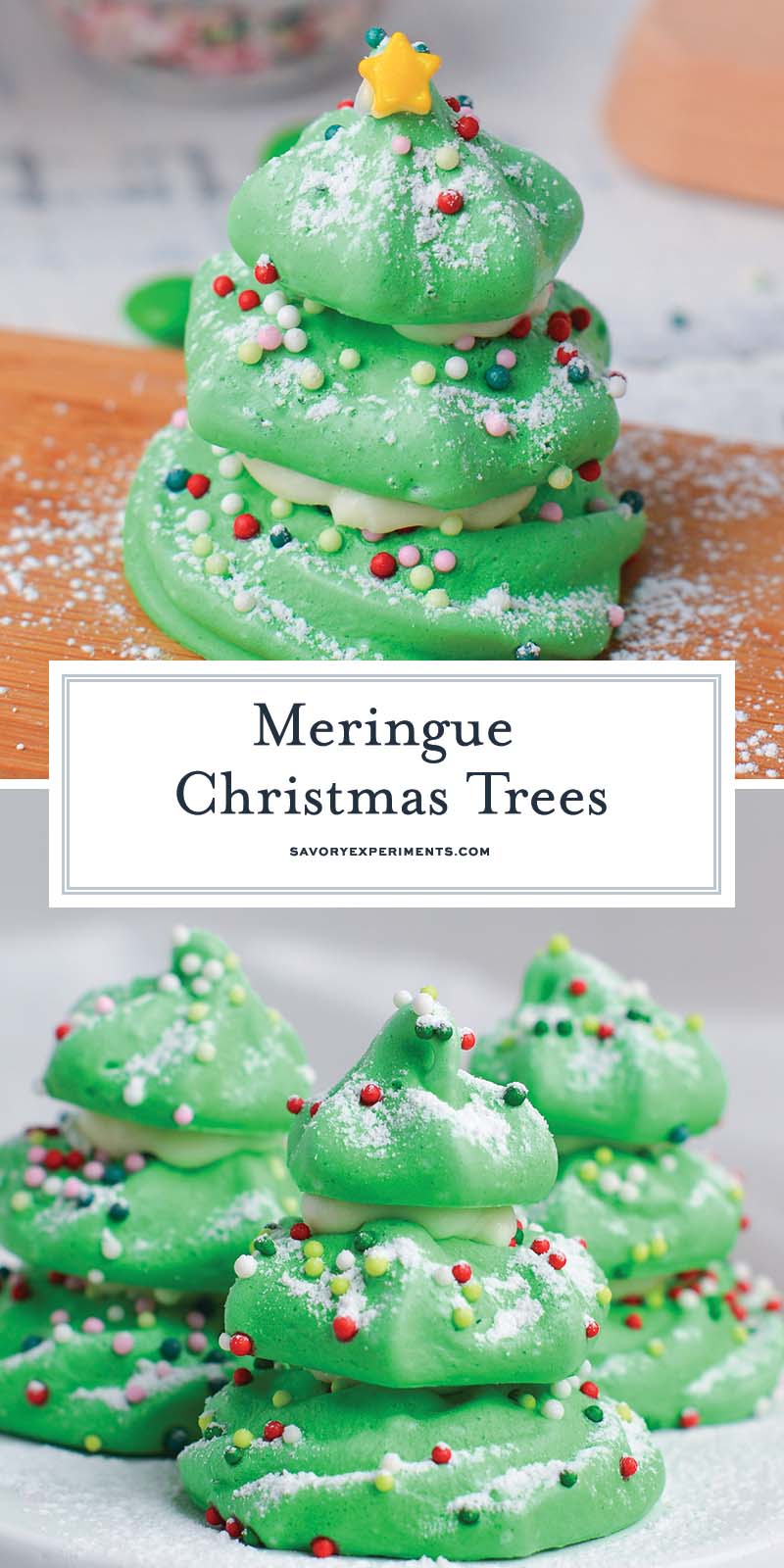 collage of meringue christmas trees and text overlay