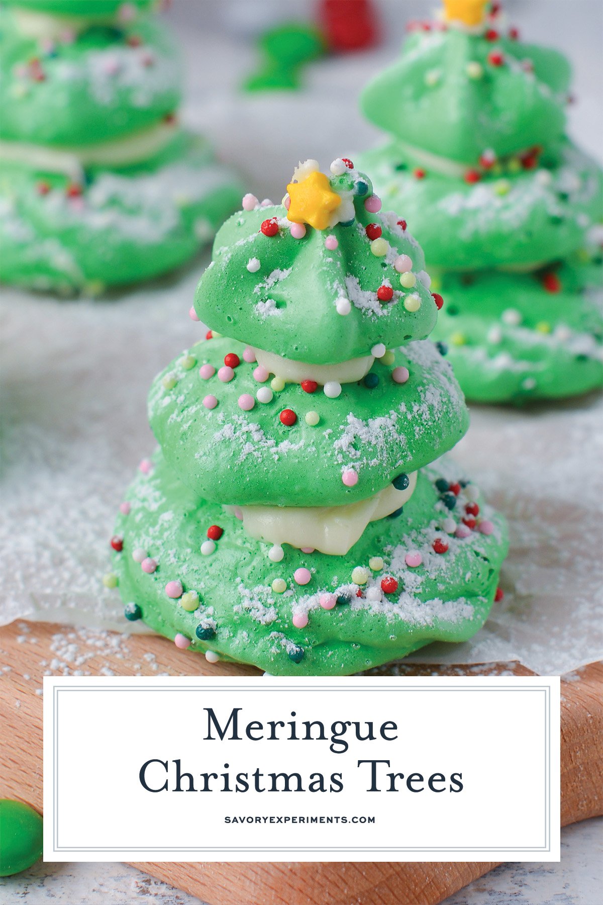 close up of meringue christmas tree with text overlay for pinterest