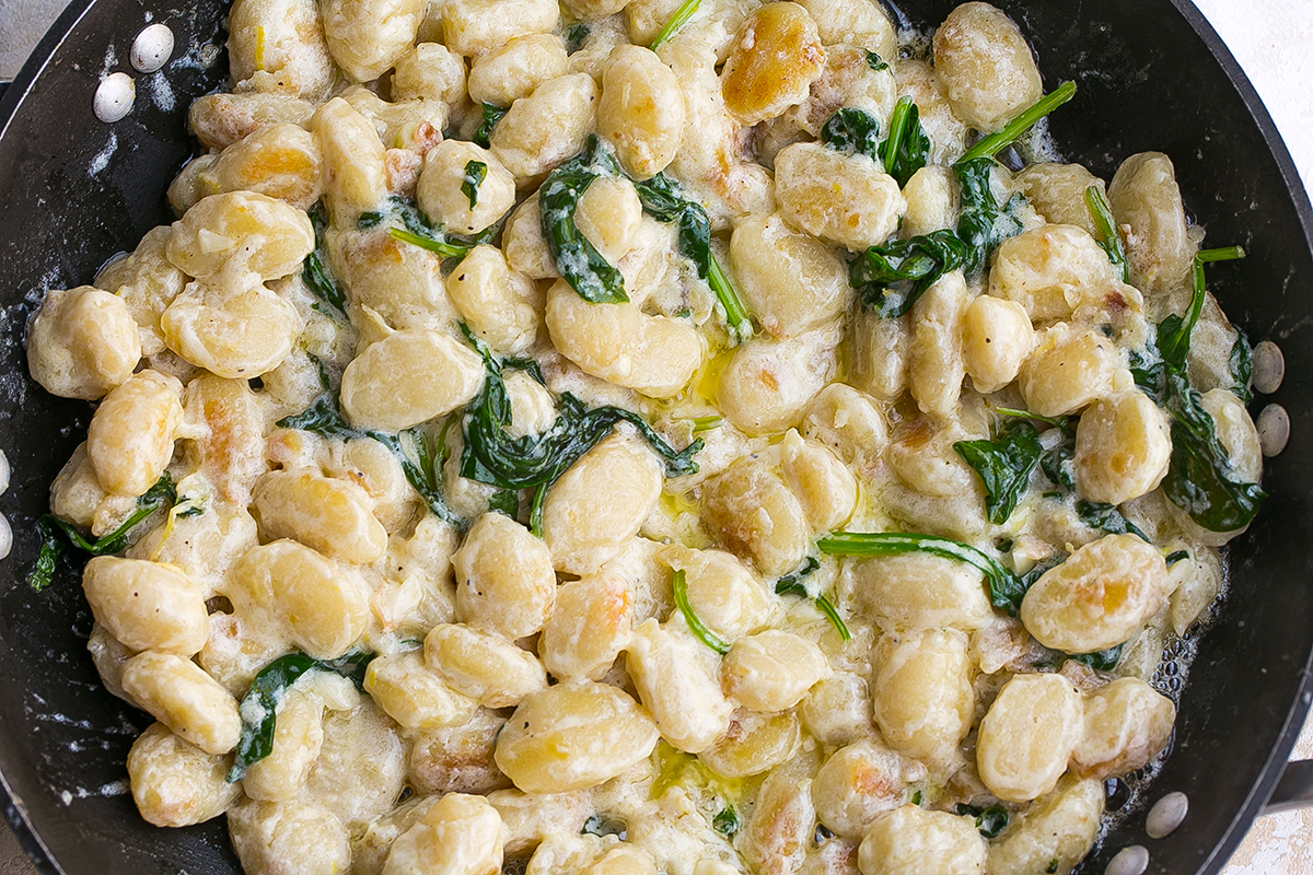 overhead shot of pan fried gnocchi in pan