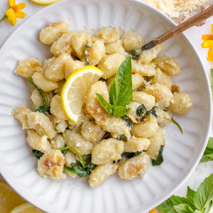 overhead shot of plate of creamy gnocchi