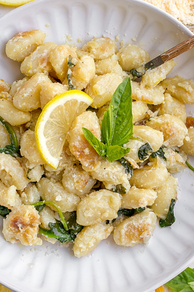 overhead shot of plate of creamy gnocchi