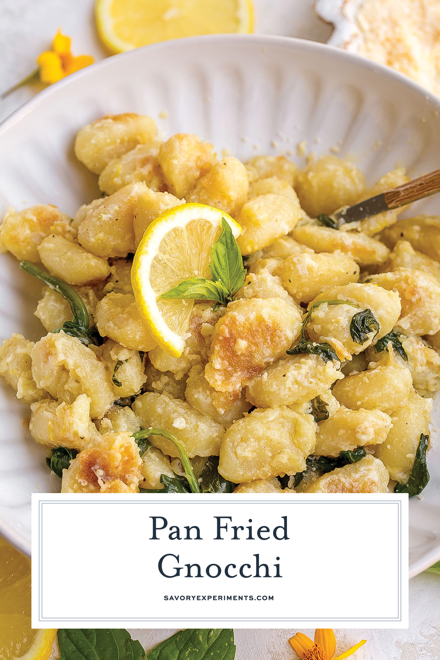 overhead shot of plate of pan fried gnocchi with text overlay