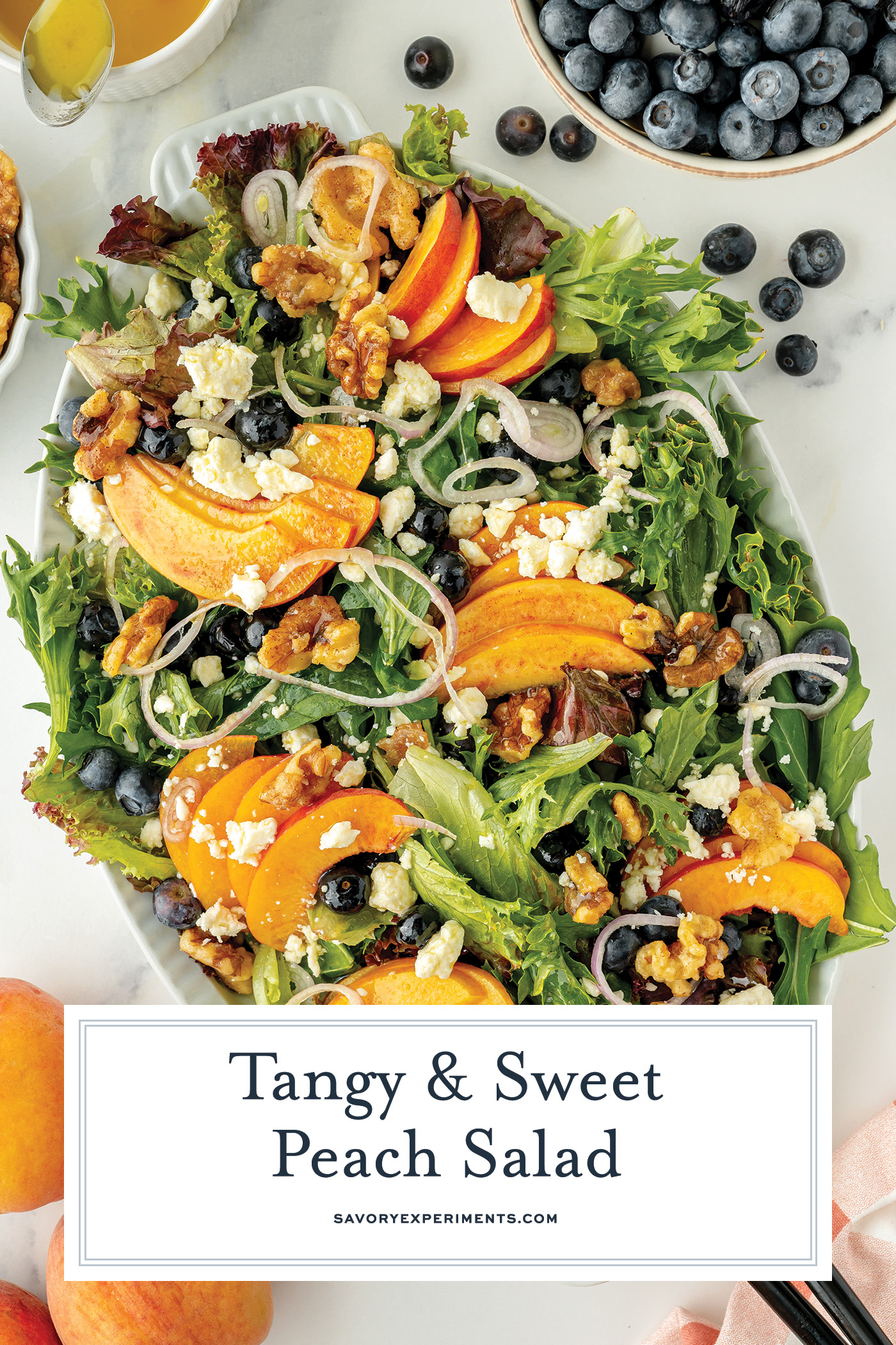 overhead shot of platter of peach salad with text overlay