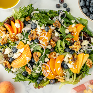 overhead shot of serving dish of peach salad