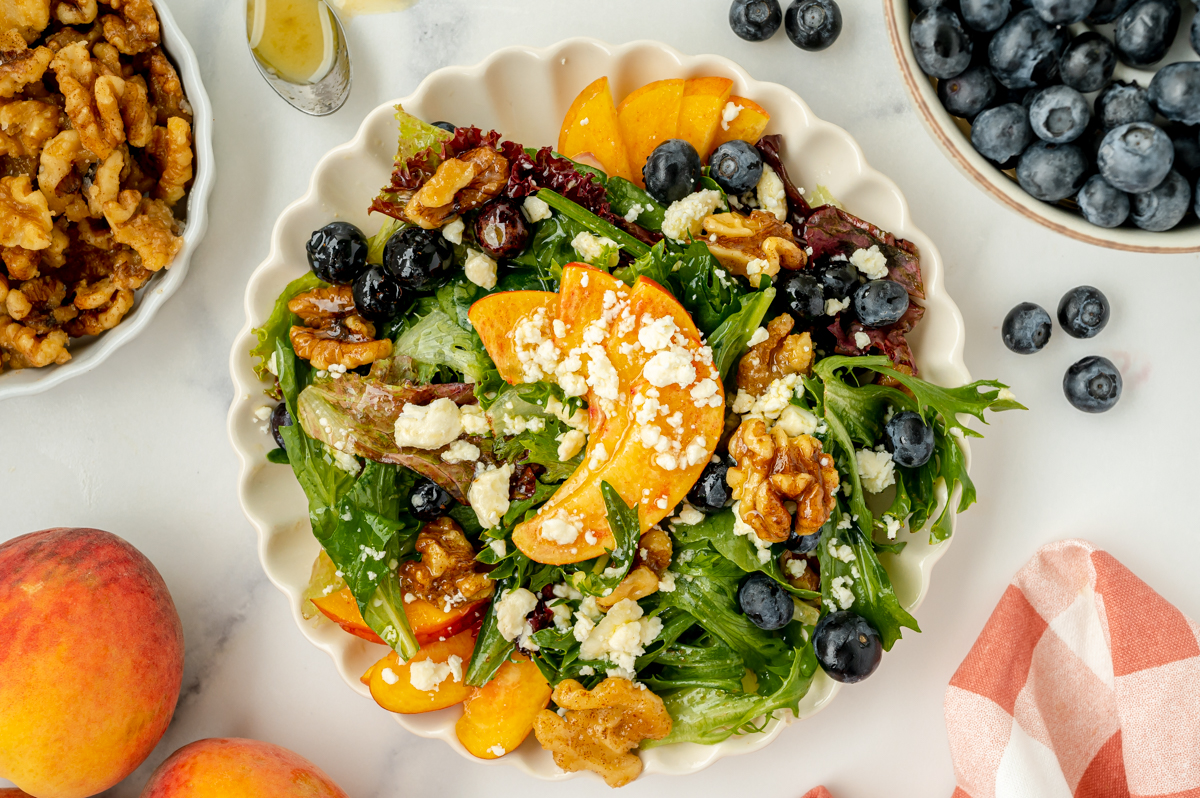 overhead shot of plate of peach salad