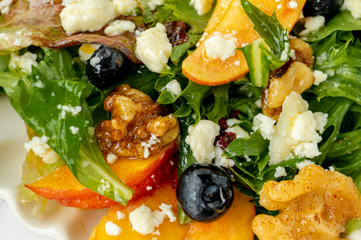 close up overhead shot of peach salad